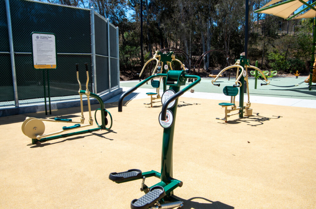 Outdoor fitness equipment at Jerabek Park in San Diego, California, installed by Western State Builders.