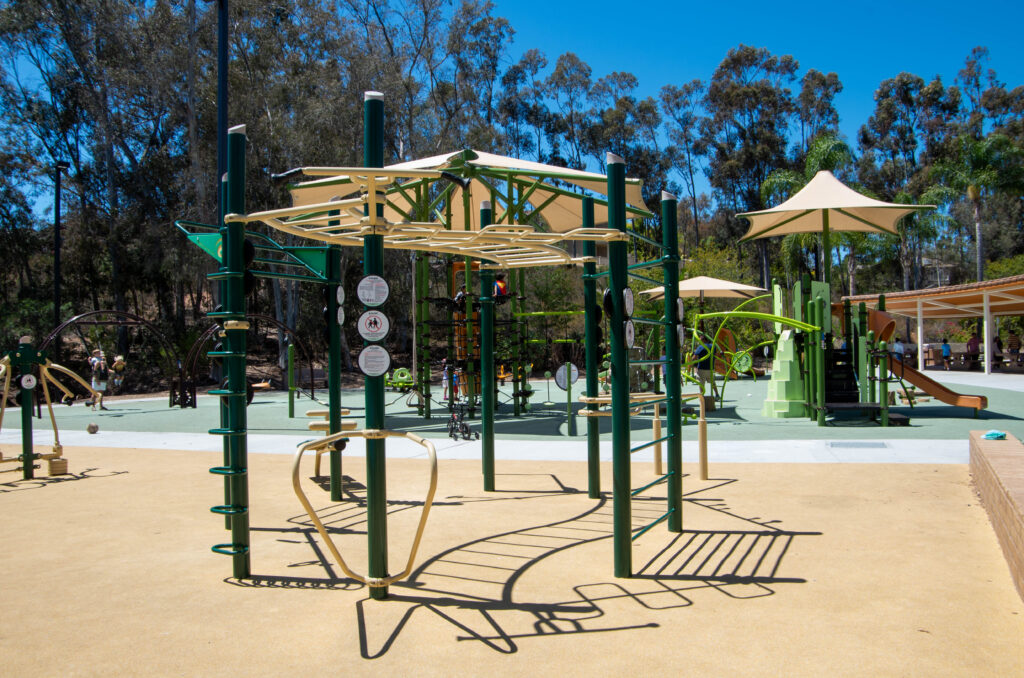 Commercial outdoor fitness station designed for community exercise at Jerabek Park in San Diego, California.